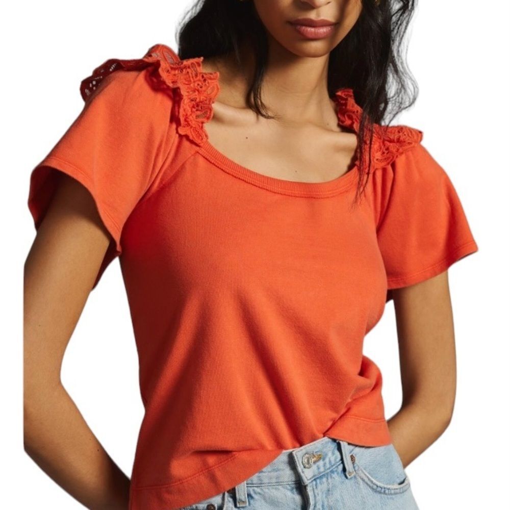 Anthropologie |  Orange S/S Embroidery Sleeve Top | Back to School NWT size XS
